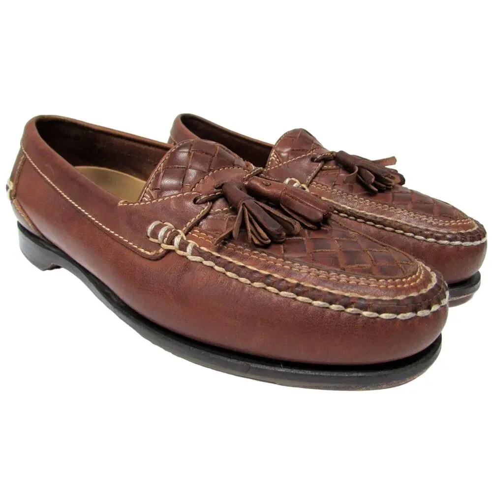 Johnston & Murphy men's 9.5 M Brown leather woven weave dress shoes tassels